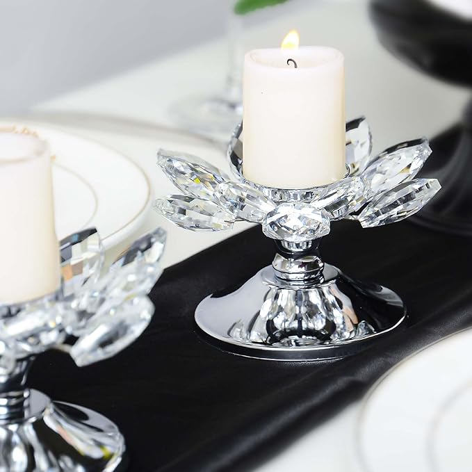 1 PC Silver Crystal Flower Tea Light Holder, Glass Tealight Candlestick with Metal Base, Votive Candle for Table Centerpiece, Wedding/Parties Decor, Nice Gift