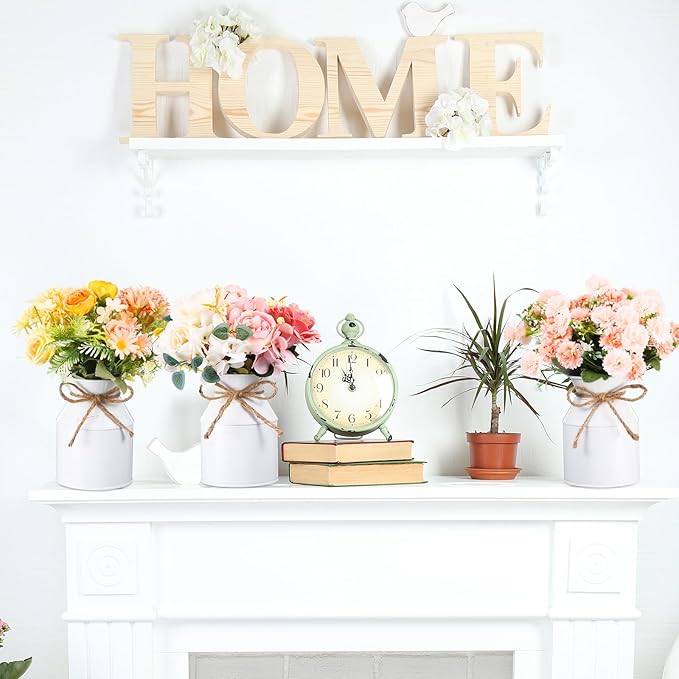 Domensi 5.12 Inch Farmhouse Metal Flower Vase Decor Rustic Galvanized Milk Can Jug Vase with Bow Flower Buckets for Table Centerpiece Fall Halloween Wedding Home Dinging Room Decor(White,12 Pcs)