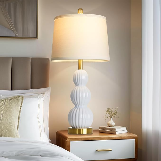 28" White Ceramic Table Lamps Set of 2, Modern Bedside Lamps for Night Stands, Triple Gourd Table Lamp for Living Room End Table or Bedroom Nightstand (2 LED Bulbs Included)