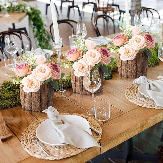 6 Pcs Wooden Vase for Centerpieces Christmas Table Decor Wooden Flower Vase Rustic Bark Stump Buckets Vintage Wood Planter Pots for Xmas Woodland Party Wedding Window Home Farmhouse