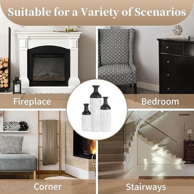 Sziqiqi Floor Vases Decorative Tall: 27in Black and White Large Metal Floor Vase Set of 3 Modern Honeycomb Texture Big Standing Vase for Living Room Dining Bedroom Home Corner Hallway Indoor Office