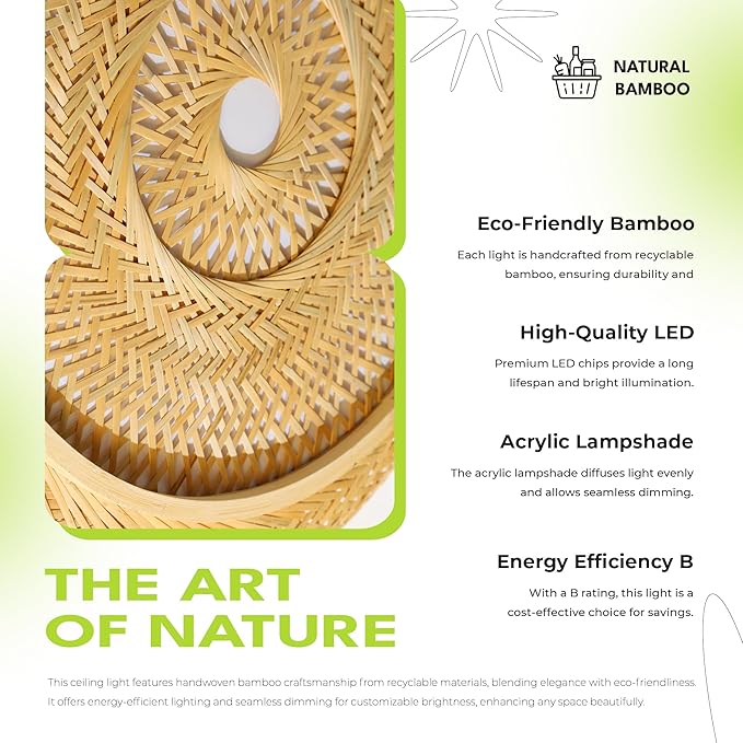 Bamboo LED Ceiling Light Fixtures Smart Ceiling Light Voice Control Boho Flush Mount Ceiling Light Dimmable with Remote Handmade Bamboo Woven Ceiling Lights for Bedroom Living Room 19.6 Inch
