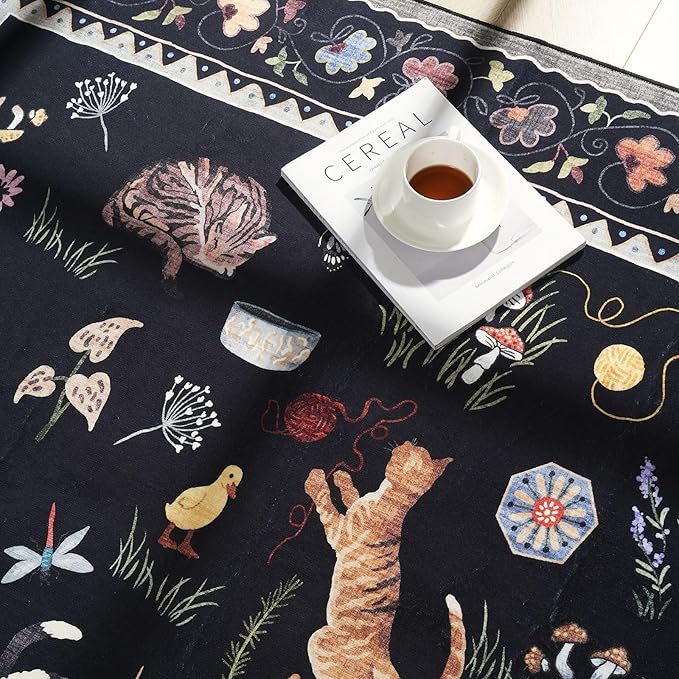 Rugcomf Round Rug 4ft Washable Circle Rug Non Slip Low Pile Boho Floral Animal Cat Small Circular Rug for Bedroom Bathroom Entryway Kids Room Office College Dorm, Black