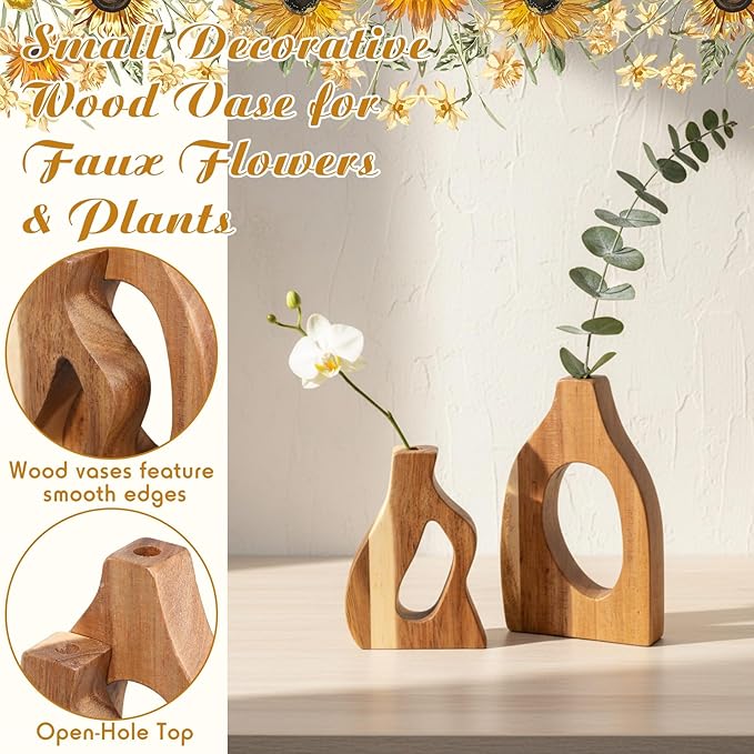 Blulu Set of 12 Small Wooden Vases for Centerpiece Decor Mini Wood Vase for Faux Flowers Plants Modern Scandinavian Home Decor for Kitchen Table Living Room