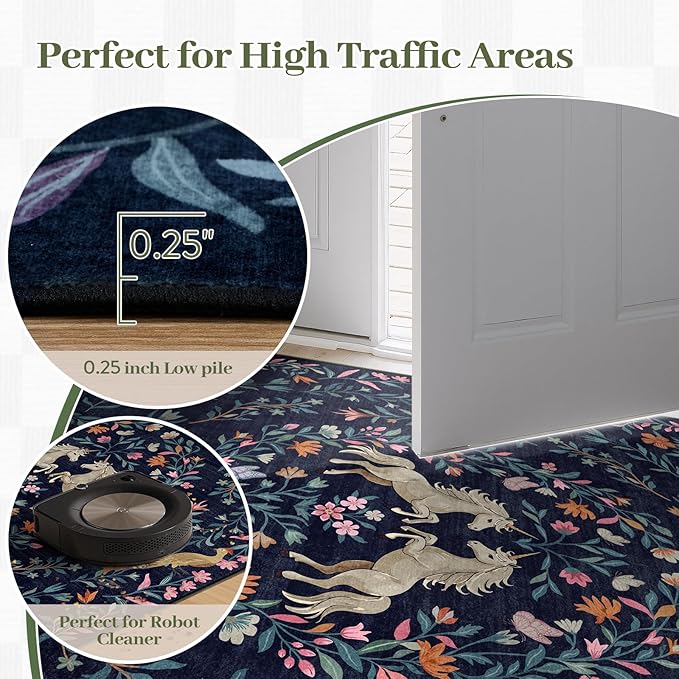 STARUIA 8x10 Area Rugs for Living Room, Unicorn Floral Non-Slip Washable Rugs, Farmhouse Moroccan Vintage Animal Large Girls Area Rug for Bedroom, Carpet for Dining Room Nurseries(Navy Blue,8'x10')
