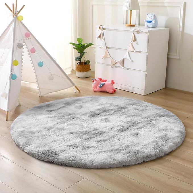 OPPODREAM Round Rugs 4ft for Play Room, Ultra Soft Circle Rug for Bedroom, 4 ft Fluffy Kids Carpet with 0.4" Thick Non-Slip Backing, Long Pile Shag Carpet, Fuzzy, Shaggy, Tie-dye Light Grey & Grey