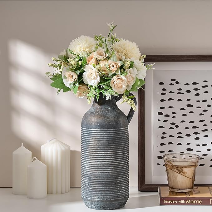 Ceramic Rustic Vase for Home Decor, Terracotta Vase with Handle, Handcrafted Vintage Decorative Flower Vase for Farmhouse, Living Room, Table, Fireplace, Nightstand - Black Bronze