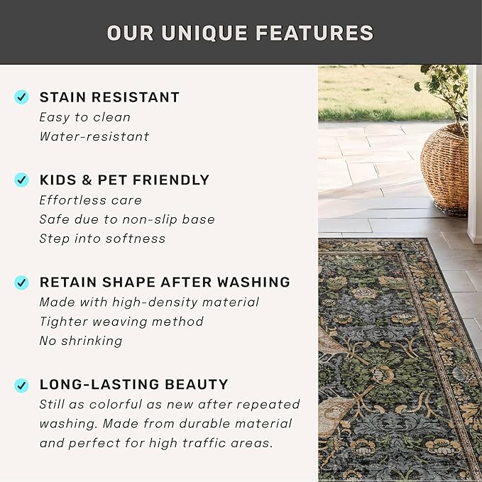 8ft Long Floral Kitchen Runners - 2x8 Runner Rug for Hallway Bathroom Laundry Room Bedroom Beside Bed Entryway, Boho Birds Leaves Patterned Non Slip Low Pile Washable Rugs