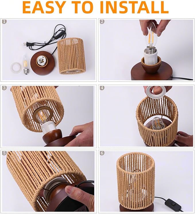 Rattan Table Lamp,Boho Small Beside Lamp,Farmhouse Table Lamp for Room Decor,Vintage Wicker Wooden Nightstand Bamboo Woven End Table Lamps for Bedroom Living Room Desk Kids Room,LED Bulb Included