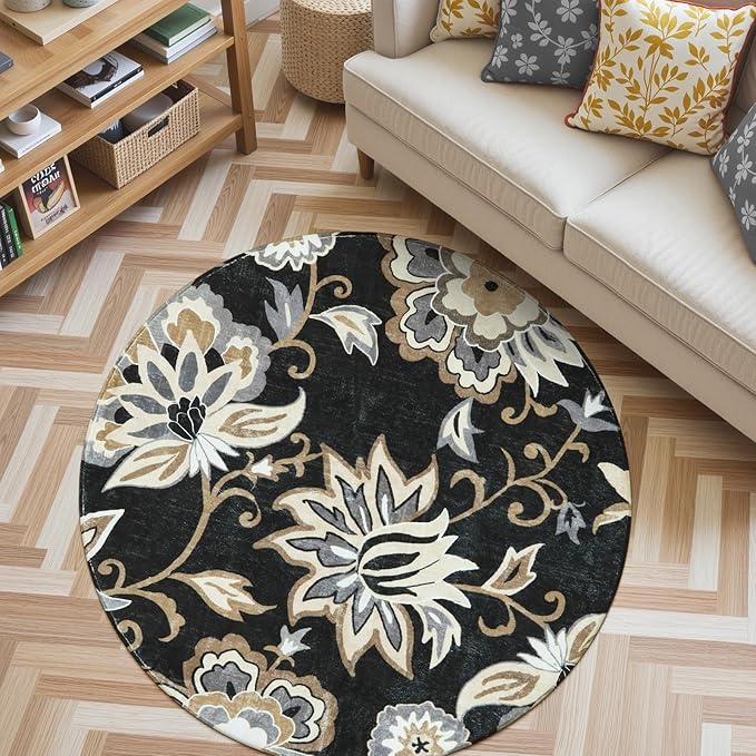 Lahome Floral Black Round Rugs - 3Ft Washable Round Area Rug Non-Slip Small Entryway Throw Soft Bedroom Circle Carpet Paisley Print Accent Distressed Circular Mat for Bathroom Sofa Living Room