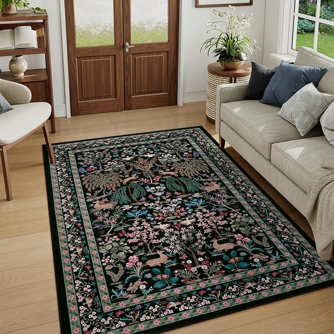 OJIA Living Room Rug 5x7 Area Rugs for Bedroom, Soft Black Washable Rugs Floral Animal Print Ultra-Thin Non-Slip Carpet Non-Shedding Indoor Boho Carpet Kids Rugs for Playroom Nursery Farmhouse