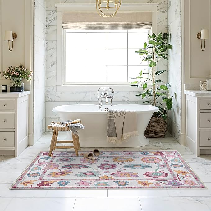 Fame Living Pink Oushak Rug, Modern, Vintage, Turkish, Eclectic, Floral, Pastel, Washable, Large Area Rugs for Living Room, Dining, Bedroom, Girls, Boys, 7'5"x9'8"