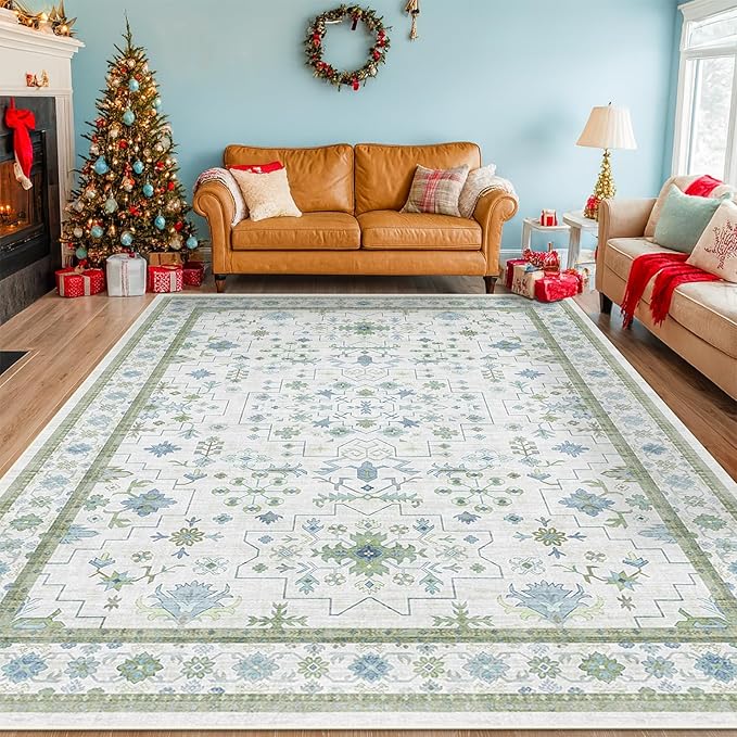 Blue and Green Living Room Rug 8x10 - Cream Oushak Vintage Boho Floral Farmhouse, Washable Low Pile Non-Slip Extra Large Area Rugs for Bedroom, Girls, Boys, Playroom, Lounge