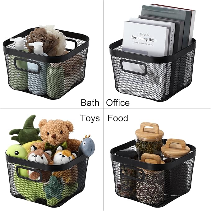 1 Pack Metal Mesh Basket with Hollow Handles Black Wire Storage Bin for Organizing Stackable Metal Fine Mesh Basket for Pantry Bathroom Kitchen Cabinets Shelves (Medium)