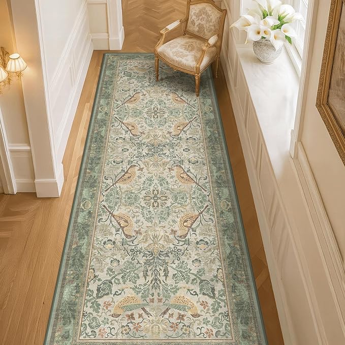 8ft Long Floral Kitchen Runners - Sage 2x8 Runner Rug for Hallway Bathroom Laundry Room Bedroom Beside Bed Entryway, Boho Birds Leaves Patterned Non Slip Low Pile Washable Rugs