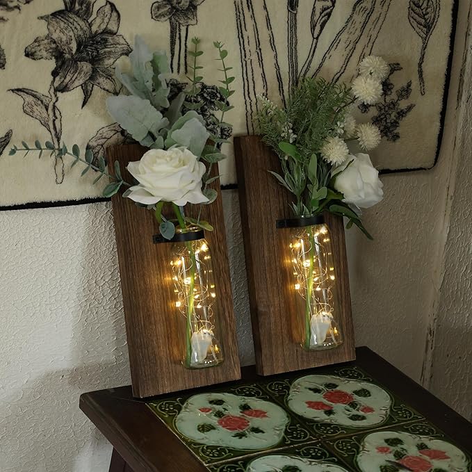 2 Pack Wood Glass Wall Sconces, Farmhouse Planters for Indoor Plants, Rustic Decor for Living Room, Hanging Vase (Brown)