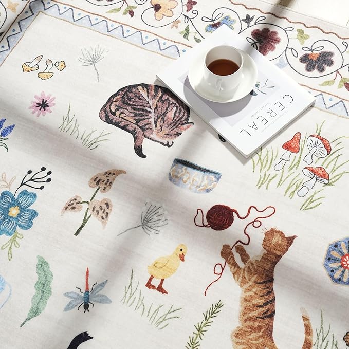 Rugcomf Round Rug 6ft Washable Circle Rug Non Slip Low Pile Boho Floral Animal Cat Small Circular Rug for Bedroom Bathroom Entryway Kids Room Office College Dorm, Beige