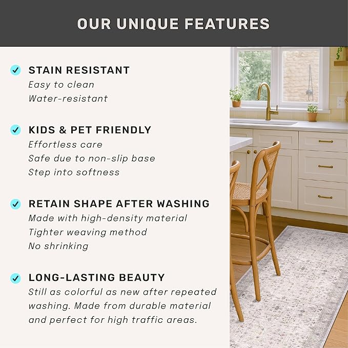 Light Gray Washable Rugs for Living Room - 4x8 Vintage Boho Eclectic Pastel, Washable Low Pile Non Slip Area Rug for Bedroom Beside Bed, Door Mat Indoor Entrance, Kitchen, Home Floor Decor