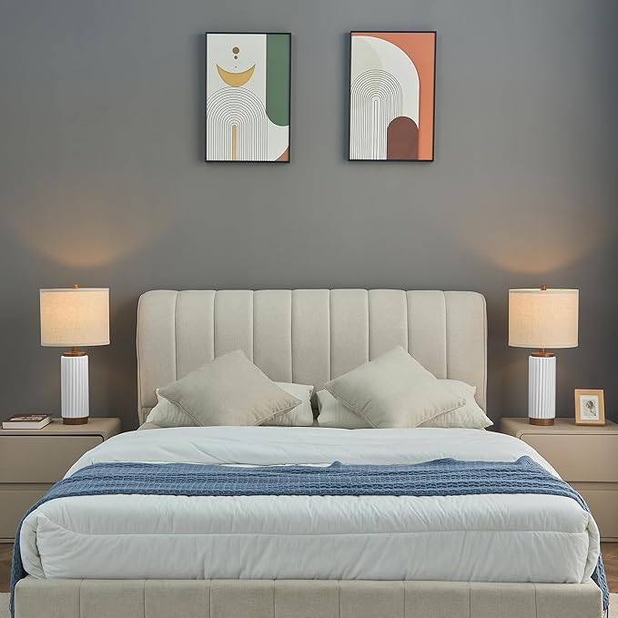 White Ceramic Table Lamps Set of 2, 25 Inch Modern Farmhouse Lamp with Oatmeal Shade for Living Room, Bedroom & Nightstand, 3-Way Dimmable White Desk Lamps