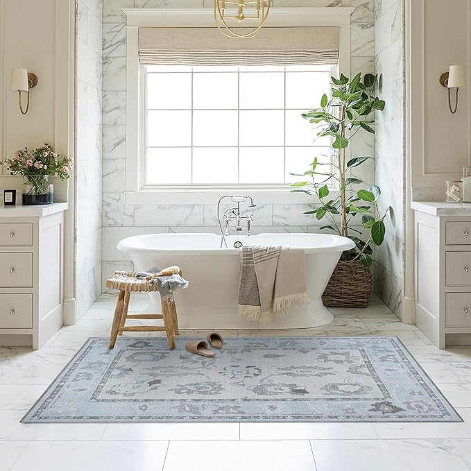 Fame Living Cream Beige Oushak Rug, Modern, Vintage, Turkish, Eclectic, Floral, Pastel, Washable, Area Rugs for Living Room, Dining, Bedroom, Nursery, Girls, Boys, 5'9"x8'9"