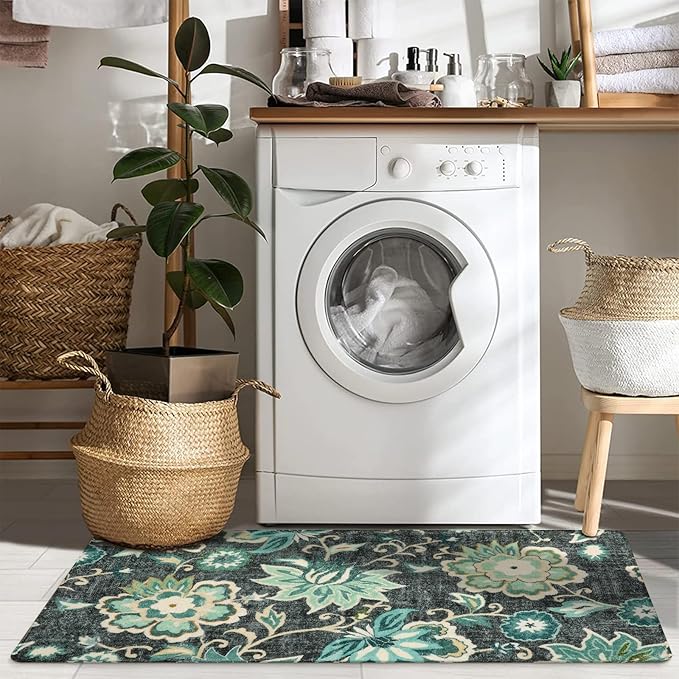 Lahome Floral Washable Rugs Runners - 2x4 Area Rug Low-Pile Non-Slip Rugs for Entryway Runner Small Throw Soft Bathroom Rug Runner Bedside Rug, Boho Blue Paisley Carpet Runners for Hallway Kitchen