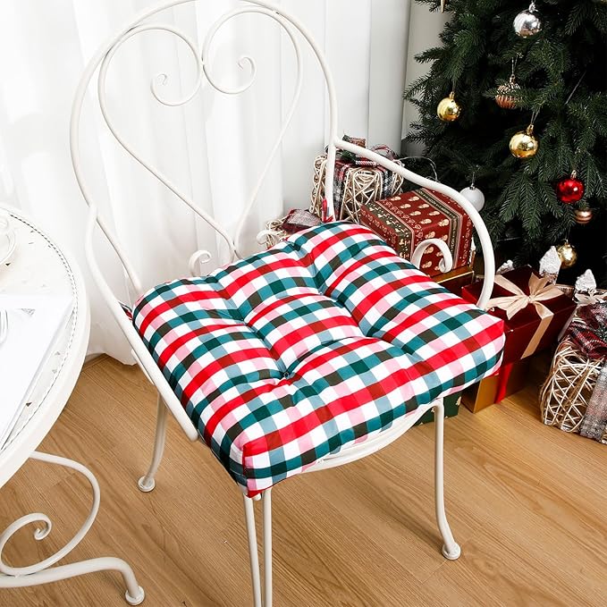 Geetery 4 Pack 4 Pack Chair Cushions for Dining Chair Kitchen Seat Pads with Ties Buffalo Plaid Soft Comfy Square Pads for Home, Outdoor, Patio, Room (Red,Green) (Red,Green)