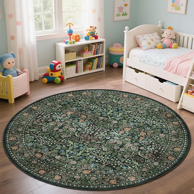 Green Round Rug 5ft - Soft Washable Boho Floral Round Bathroom Rug Non Slip 5x5 Stain Resistant Vintage Botanical Circle Area Rugs for Living Room Bedroom Entryway Dining Room Office Nursery