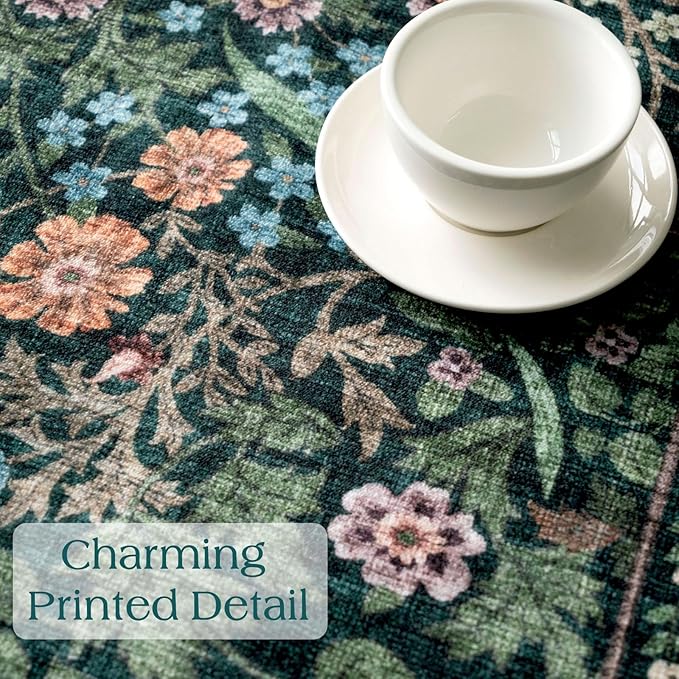 Green Round Rugs 8ft - Soft Washable Boho Floral Bedroom Circle Rug 8x8 Stain Resistant Botanical Dining Room Rugs for Under Round Table Vintage Area Rug for Living Room Home Office