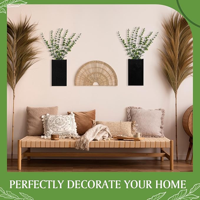 2 Pack Modern Farmhouse Wall Decor Wood Planter Vase with Artificial Eucalyptus Farmhouse Bohemian Hanging Wall Decor for Bathroom Dinning Room Living Room Hallway Bedroom(Black)