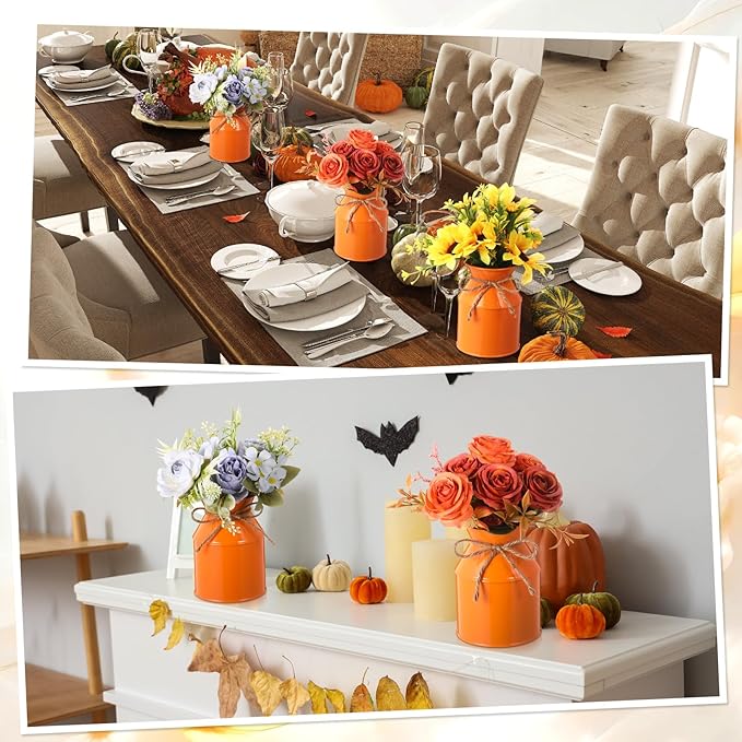 Domensi 5.12 Inch Farmhouse Metal Flower Vase Decor Rustic Galvanized Milk Can Jug Vase with Bow Flower Buckets for Table Centerpiece Fall Halloween Wedding Home Dinging Room Decor(Orange,12 Pcs)