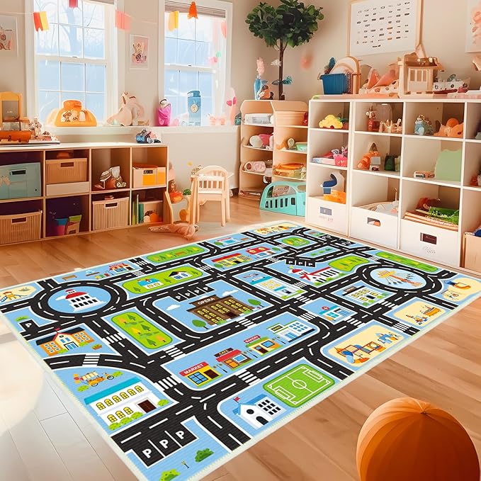 Kids Carpet Car Rug Play Mat, 5'x8' Road Rug Carpet for Kids, City Life Educational Rugs with Non-Slip Road Traffic Rug Mats, Great for Kids Playroom Bedroom Boys Girls