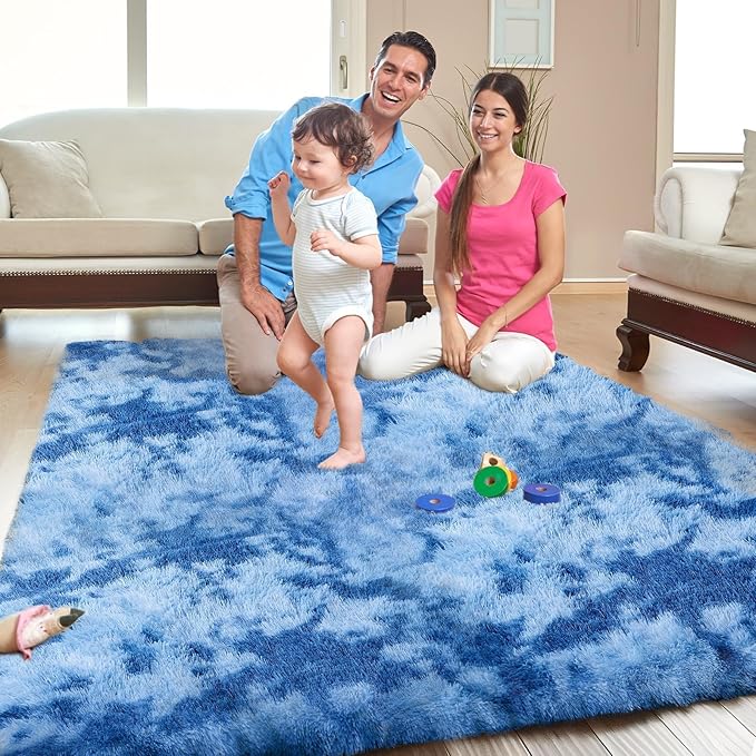 OPPODREAM Round Rugs 3ft for Play Room, Ultra Soft Circle Rug for Bedroom, 3 ft Fluffy Kids Carpet with 0.4" Thick Non-Slip Backing, Long Pile Shag Carpet, Fuzzy, Shaggy, Tie-dye Blue & Light Blue