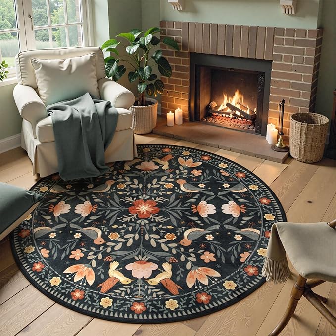 Moynesa Floral Bird Round Rug 6ft Washable Circle Rug Non Slip,Modern Transitional Black Area Rugs for Bedroom Reading Coner,Farmhouse Living Dining Room Aesthetic Carpet Folk Art Home Decor