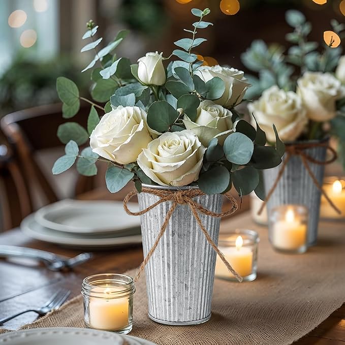 24Pcs Small Galvanized Metal Vases for Centerpieces, Flower Buckets with Twine Bow, 4 Inch Artificial Floral Vase in Bulk Rustic Home Decor, Silver