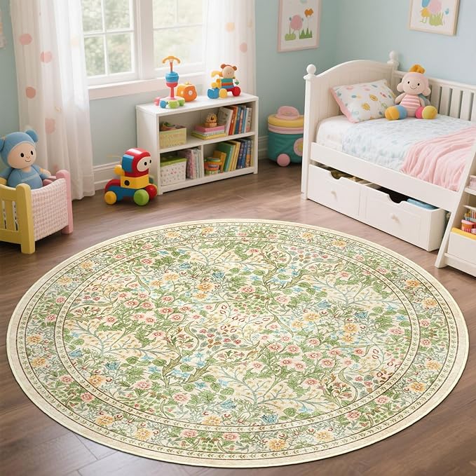 Light Green Round Rugs 6ft - Soft Washable Boho Floral Bedroom Circle Rug Stain Resistant Dining Room Rugs for Under Round Table Beige Vintage Area Rug for Living Room Office Home Decor
