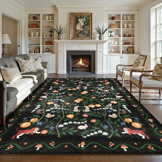 OJIA Animal Print Area Rugs 8x10, Non Slip Black Washable Rugs for Living Room 8x10 Rug, Soft Modern Bedroom Rug Under Bed Ultra-Thin Large Carpet for Nursery Dining Room Office Playroom