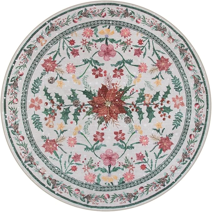 Lahome Christmas Round Rug 5ft, Washable Botanical Christmas Dining Room Decor for Under Table, Whimsical Holly Berries Circle Mats for End of Bed Coffee Table