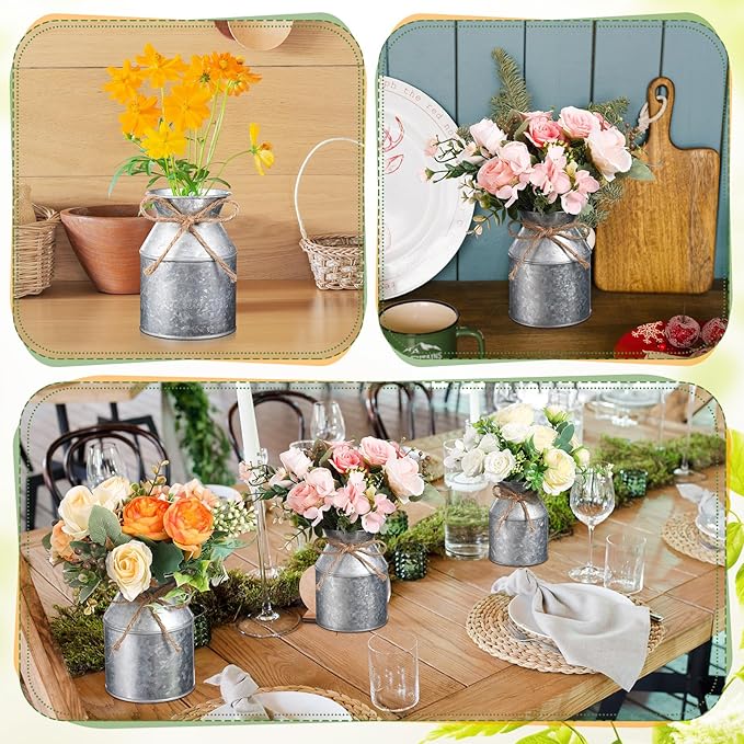 Domensi 5.12 Inch Farmhouse Metal Flower Vase Decor Rustic Galvanized Milk Can Jug Vase with Bow Flower Buckets for Table Centerpiece Fall Halloween Wedding Home Dinging Room Decor(Iron Color,12 Pcs)