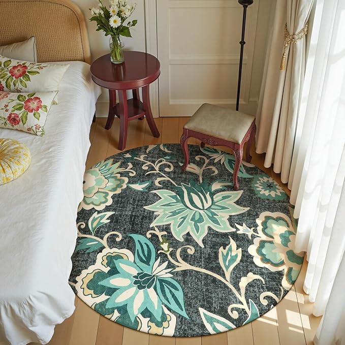 Lahome Floral 4Ft Round Rug - Washable Soft Boho Circle Rug for bedroom Non-Slip Throw Area Rug Round Kitchen Rugs, Blue Paisley Print Floor Round Rugs for Office Bathroom Entryway Nursery Living Room