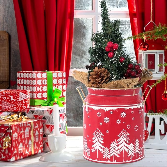 Putuo Decor Large Metal Milk Can with White Winter Forest Snowflake Design Rustic Farmhouse Holiday Vase with Gold Handles Vintage Christmas Décor for Festive Centerpieces Home Accents (Red)