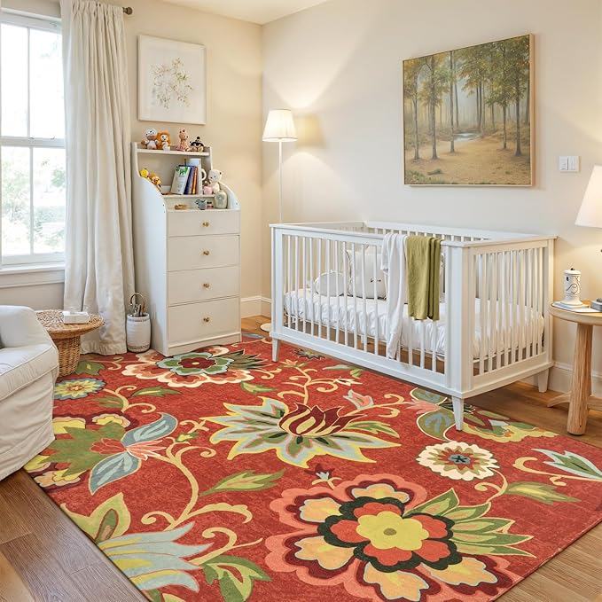 Lahome Floral Washable Rugs 5x7, Carpets for Living Room Non-Slip Lightweight, Soft Bedroom Throw Paisley Print Low-Pile Large Christmas Area Rug for Dining Room, Kitchen, Entryway