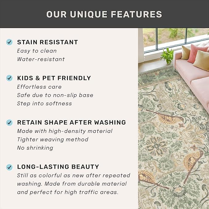 Large Entryway Rugs Indoor - 3x6 Washable Rugs for Kitchen Bedroom Beside Bed Door Mat Indoor Entrance with Beige Woodland Flowers, Non Slip Stain Resistant Low Pile