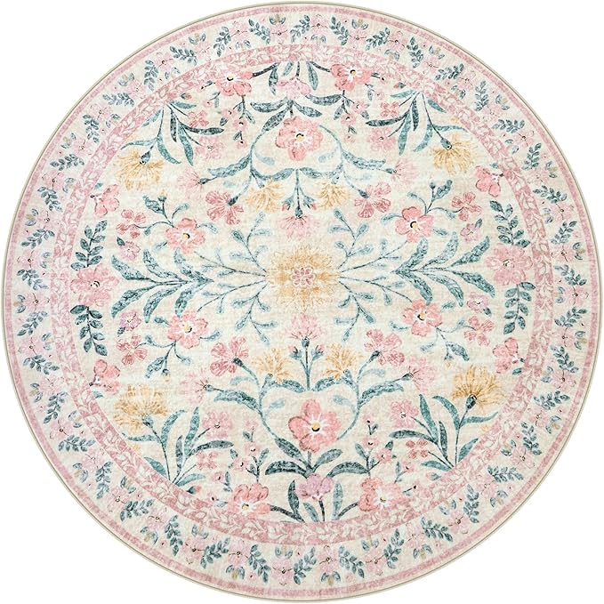 Lahome Pink Floral 6 ft Round Rug, Soft Cozy Circle Rug for Tween Girls Bedroom Decor, Machine Washable Nursery Carpet with Non-Slip Backing for Retreat or Reading Nook