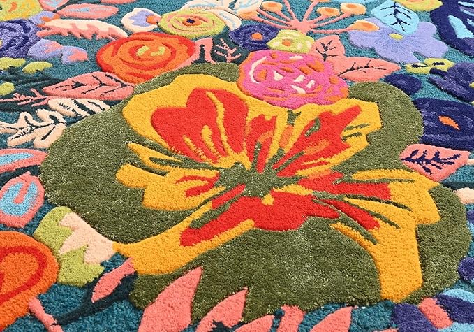 Handmade Irregular Floral Wool Area Rug Vibrant Multicoloured Garden Flower Design Soft Plush Durable Thick Carpet for Living Room Bedroom (Teal, 5 x 8 feet, Feet)
