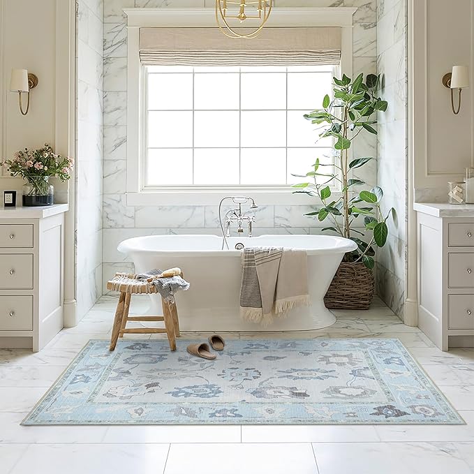 Fame Living Cream Blue Oushak Rug, Modern, Vintage, Turkish, Eclectic, Floral, Pastel, Washable, Area Rugs for Living Room, Dining, Bedroom, Nursery, Girls, Boys, 5'9"x8'9"