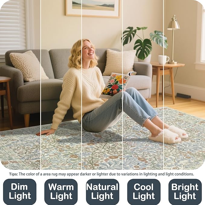 Vintage Beige Blue Living Room Rug, 6x9 Washable Area Rugs for Dining Room Under Table, Soft Low Pile Large Carpet Bedroom, Non-Slip Boho Floral (6 x 9 Beige Blue)