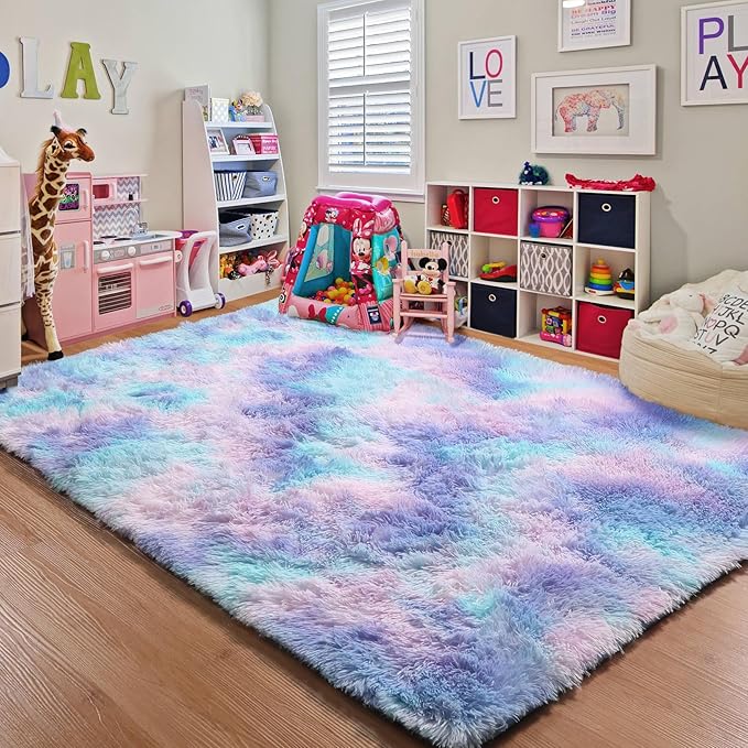 ONASAR Rainbow Rugs for Girls Bedroom, 5x8 Washable Fluffy Bedside Throw Area Rug, Soft Plush Shaggy Indoor Floor Carpet for Living Room Nursery Kids Boys Teen Dorm Home Office Decor Aesthetic