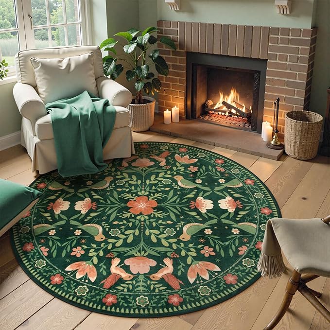 Moynesa Floral Bird Round Rug 6ft Washable Circle Rug Non Slip,Modern Cottage Green Area Rugs for Bedroom Reading Coner,Farmhouse Living Dining Room Aesthetic Carpet Vintage Home Decor