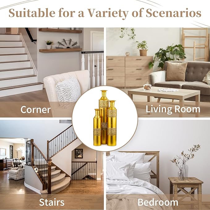 Sziqiqi Metal Floor Vase Gold Large Vases - 32/27/22in Decorative Tall Vase Set of 3 for Home Decor Vintage Big Flower Vases Stand for Twigs Branches Dried Flowers Antique Shabby for Living Room