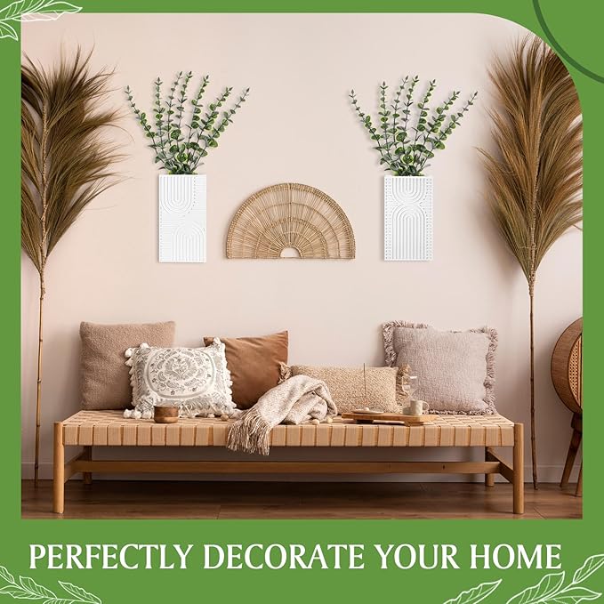 2 Pack Modern Farmhouse Wall Decor Wood Planter Vase with Artificial Eucalyptus Farmhouse Bohemian Hanging Wall Decor for Bathroom Dinning Room Living Room Hallway Bedroom(White)